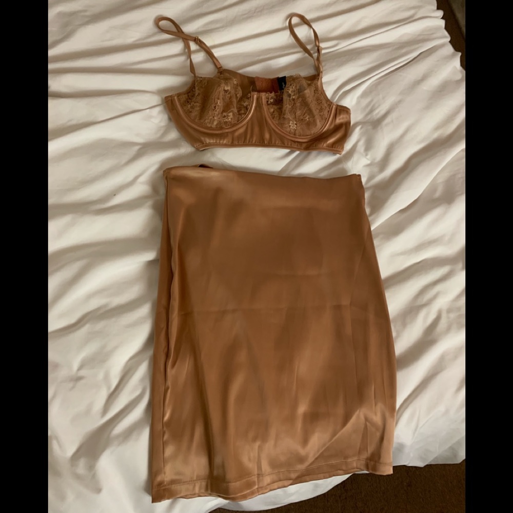 2pc Tan Bralette and High Waisted Skirt
